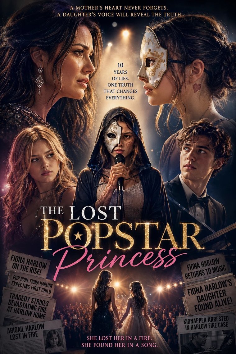 Poster: The Lost Popstar Princess — a masked young singer at a microphone surrounded by newspaper clippings