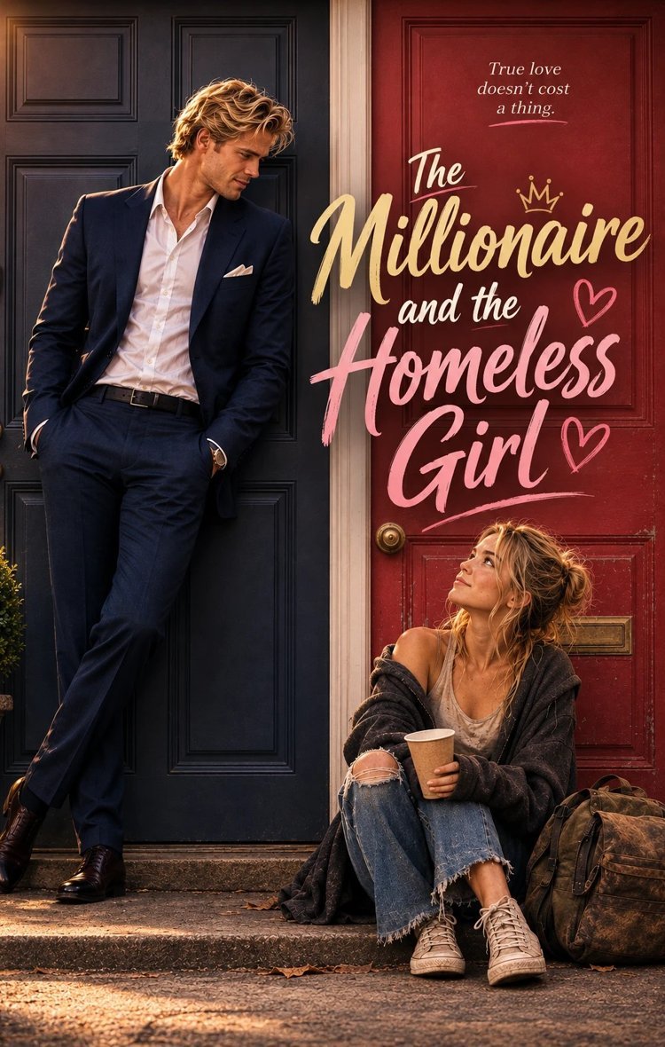 Poster: The Millionaire and the Homeless Girl — a man in a suit and a young woman seated between two doors