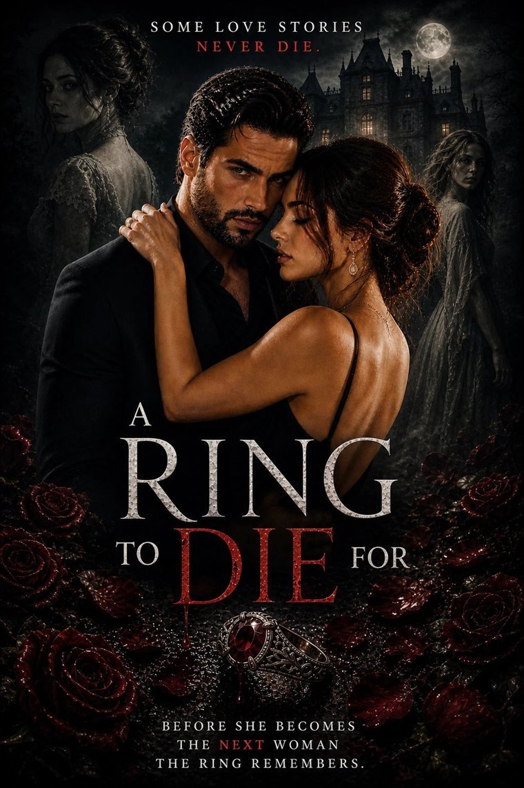 Poster: A Ring to Die For — a couple embraces among dark roses beneath a gothic manor